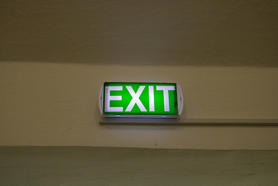 A close-up of a green illuminated exit sign mounted on a beige wall, situated above a white horizontal rail. The sign features the word 'EXIT' in bold white capital letters. The background shows a smooth, slightly textured wall behind the sign, with subdued indoor lighting. This exit sign is positioned on an interior wall near a ceiling, indicating an emergency evacuation route. It is not shown with any furniture or other objects, but the context suggests it could be located in a hallway or corridor used during a home relocation or moving process. Man and a Van Paddington, a professional removals company, often installs or manages such signage as part of their moving and packing services, especially in cases involving last-minute or emergency relocations in the W2, Paddington area. The focus on this essential safety feature aligns with their logistics in home relocation activities, ensuring clear directional guidance during the move.